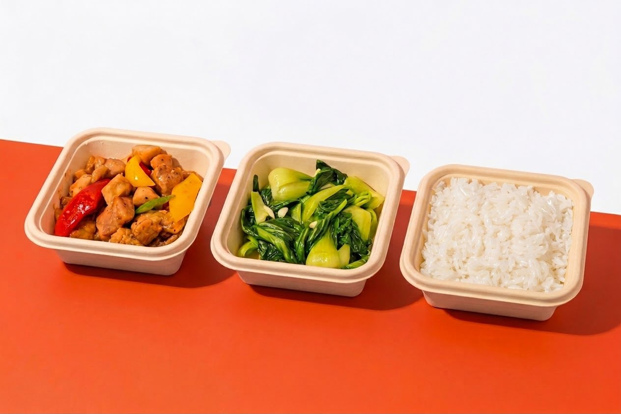 主菜、蔬菜與白飯三小盒獨立分裝