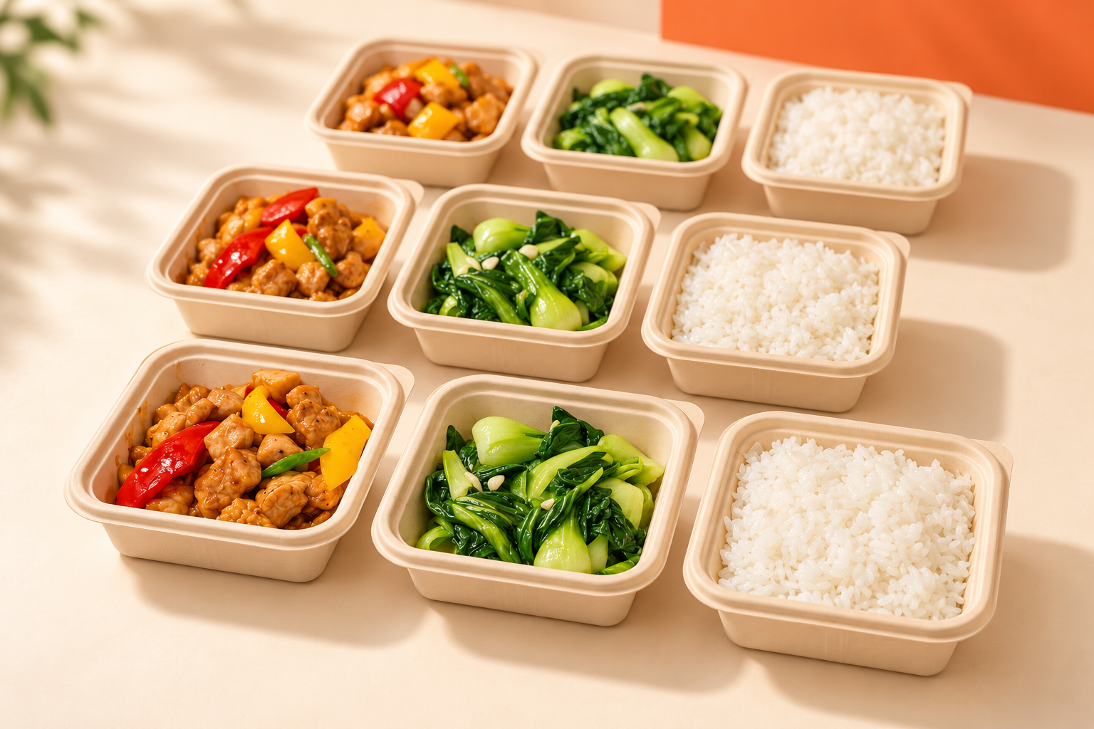 主菜、蔬菜及白飯三小盒分裝示意